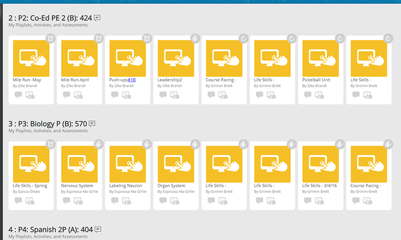 A playlist of activities from a school's LMS that shows different activities listed in two rows from left to right. Each activity has the icon of a computer and a hand pointing to the computer screen above the assignment description. The top row of activities is for Co-Ed Physical Education 2, and the bottom row of activities is for Biology.